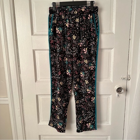 Lulus Boho Blooms Black Floral Pants Teal Trim Pull On Elastic Waist USA Made S - Picture 14 of 14
